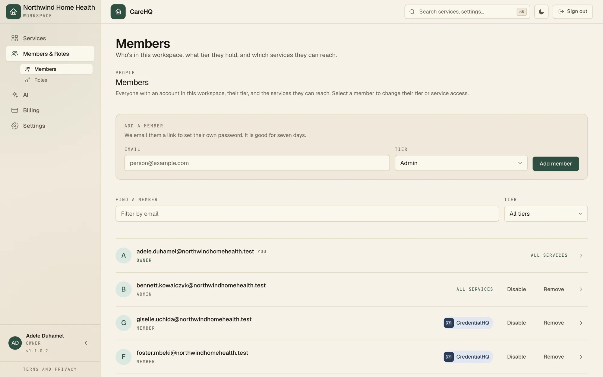 The CareHQ members list showing seven staff accounts, each with a tier and the services they can reach.