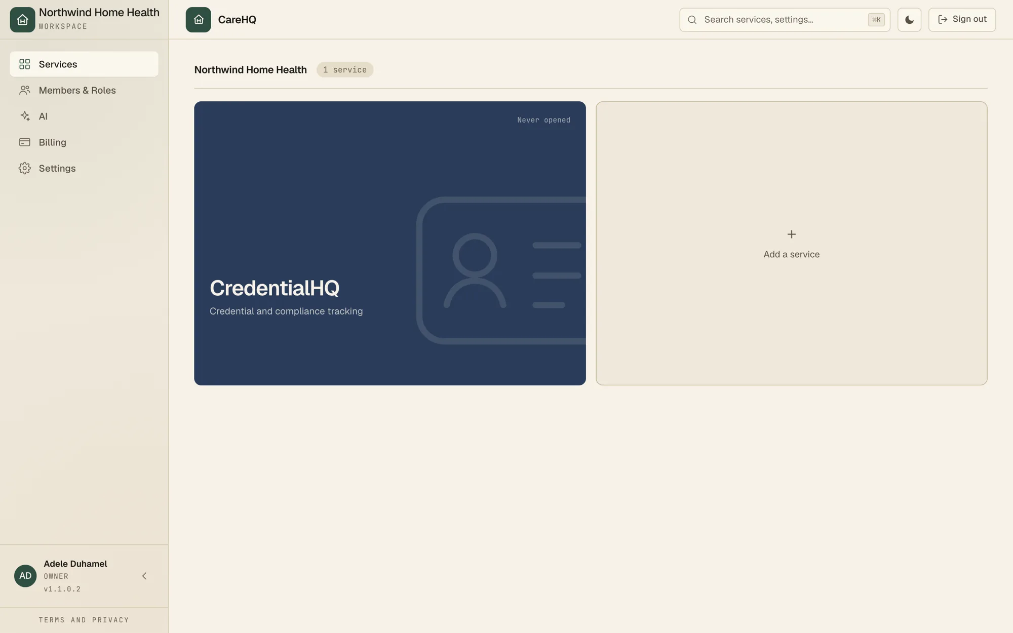 The CareHQ workspace for Northwind Home Health, showing CredentialHQ as an enabled service and a tile to add another.
