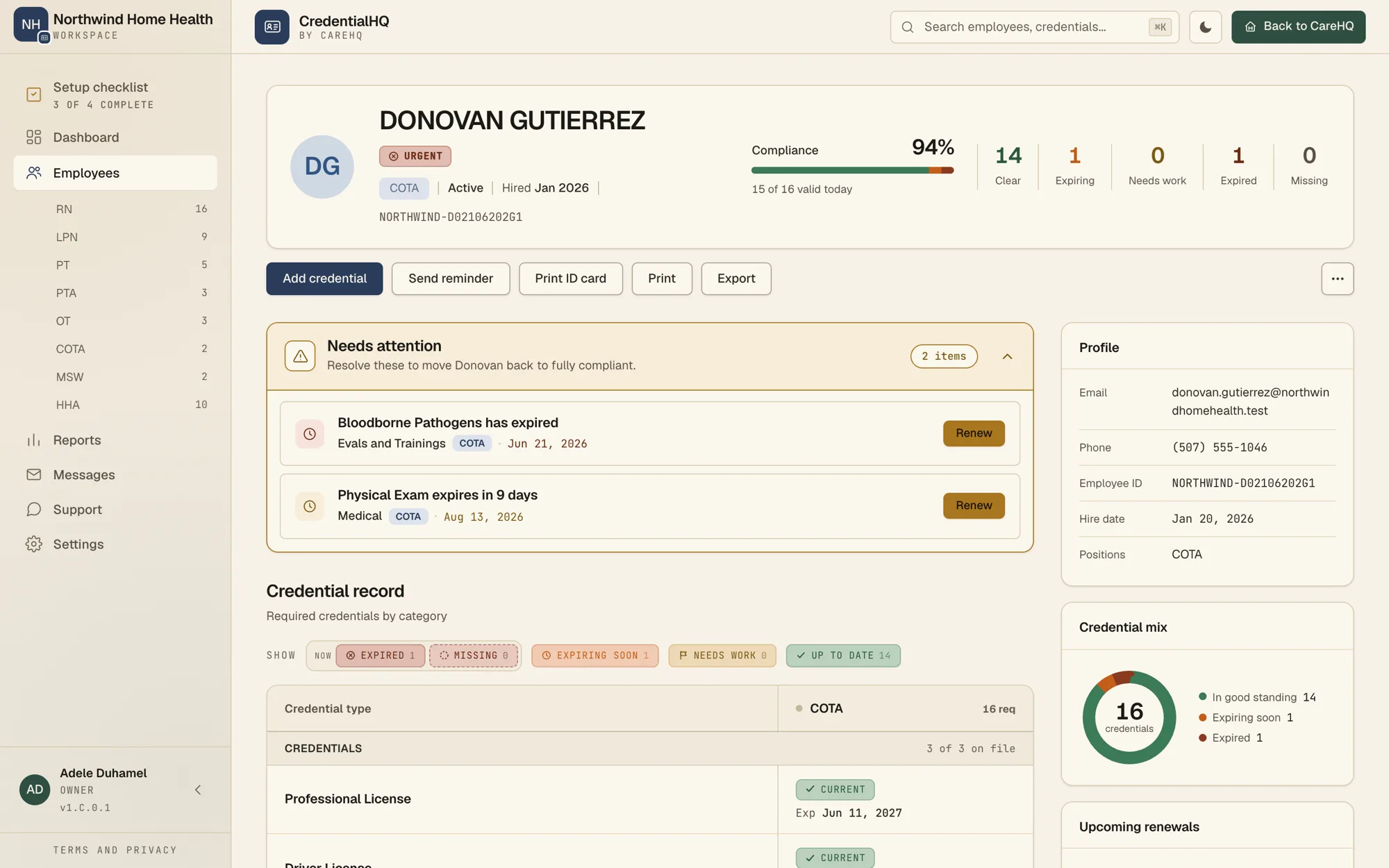 One caregiver's record: compliance at 94 percent, an expired Bloodborne Pathogens training, a Physical Exam expiring in nine days, and the full credential list by category.