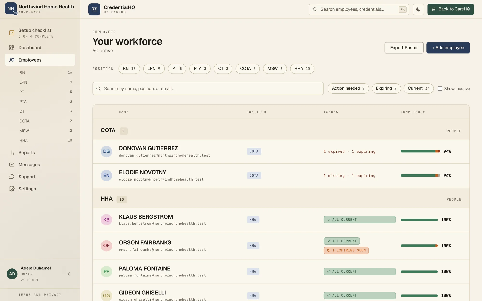 The employee roster grouped by position, each row showing issues and a compliance bar.